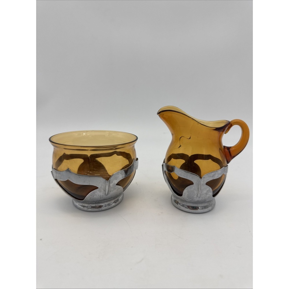 Farber Bros. Krome Kraft Cambridge Amber Glass Creamer And Sugar Set